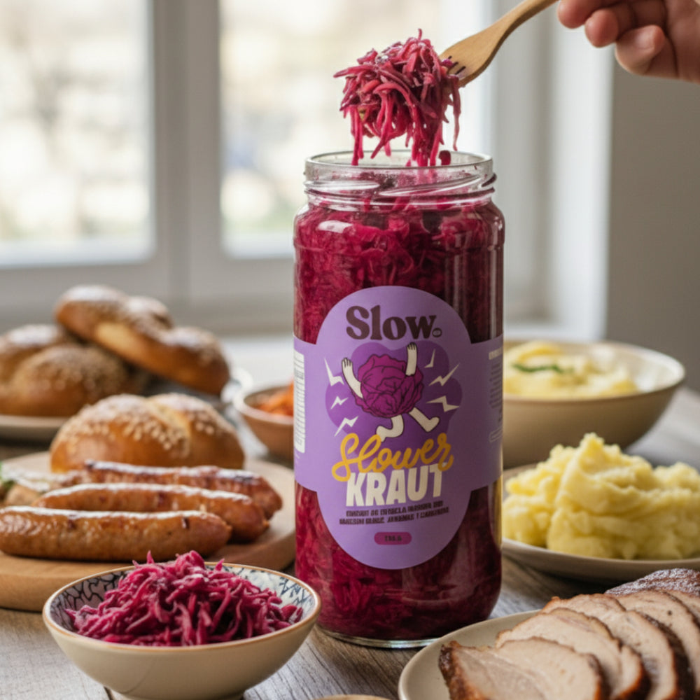 Chucrut de Repollo Morado con Manzana Verde, Jengibre y Zanahoria