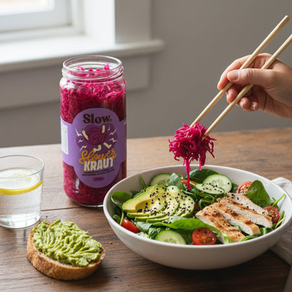 Chucrut de Repollo Morado con Manzana Verde, Jengibre y Zanahoria