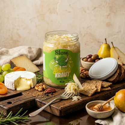 Frasco de chucrut fermentado vivo de repollo verde con pera y romero